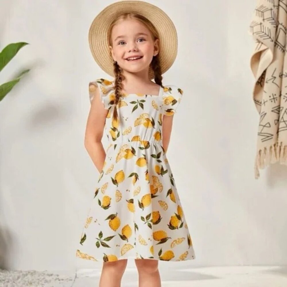 SHEIN Lemon Print Ruffle Trim Square Neck Dress 6